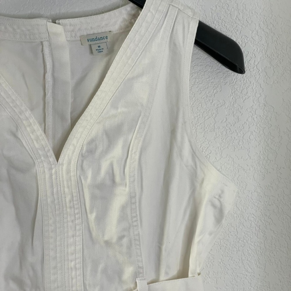 Sundance White Denim Dress Size 16 Sleeveless V Neck Midi with Belt Pockets - Picture 7 of 14